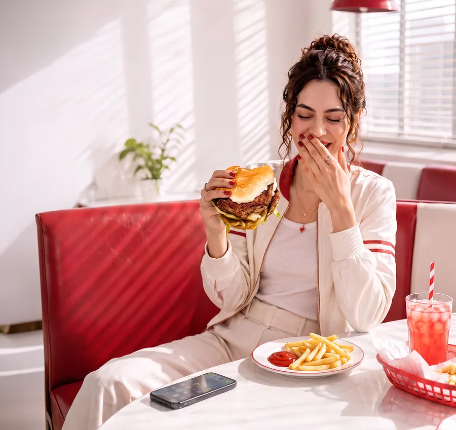 Femeie care mănâncă un burger